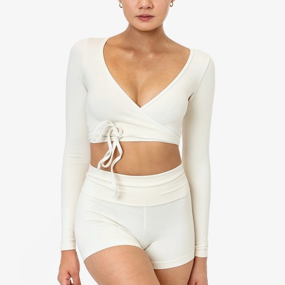 Los Angeles Apparel Cream Long Sleeve Wrap Crop Top - Picture 1 of 4